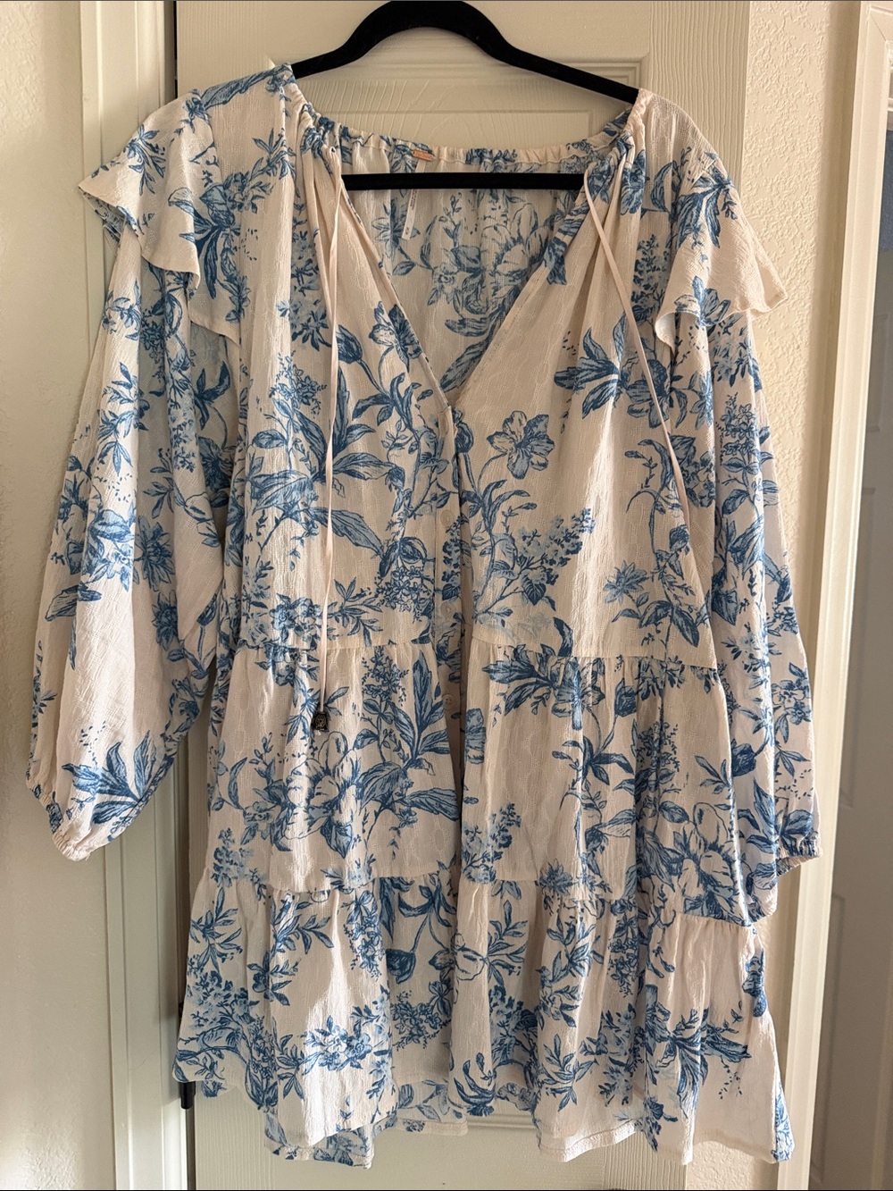 Free People Cream Tunic Dress with Blue Floral Print